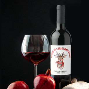 Cute Christmas Rudolph Reindeer Name Watercolor  Wine Label