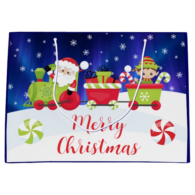 Cute Christmas Santa and Elf Train Large Gift Bag (Front)