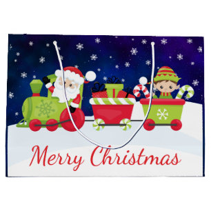 Cute Christmas Santa and Elf Train Large Gift Bag