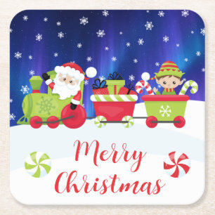 Cute Christmas Santa and Elf Train Square Paper Coaster