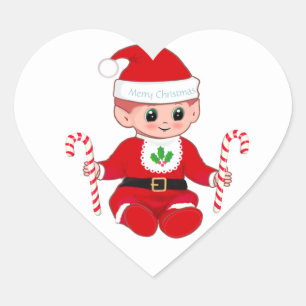 Cute Christmas Santa Baby & Candy Canes Heart Sticker