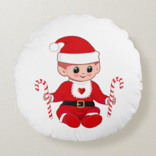 Cute Christmas Santa Baby Elf  & Candy Canes Round Cushion