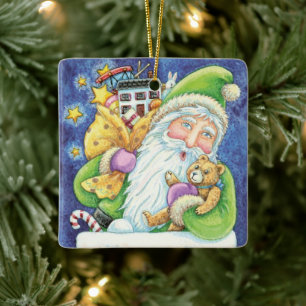 Cute Christmas, Santa Claus in Chimney with Toys Ceramic Tree Decoration