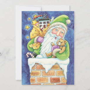 Cute Christmas, Santa Claus in Chimney with Toys Holiday Card