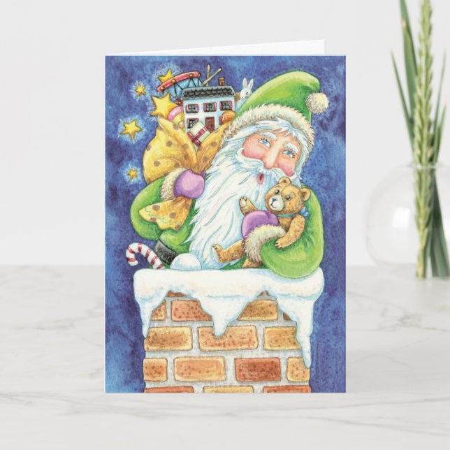 Cute Christmas, Santa Claus in Chimney with Toys Holiday Card (Front)