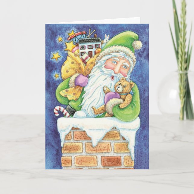 Cute Christmas, Santa Claus in Chimney with Toys Holiday Card (Front)