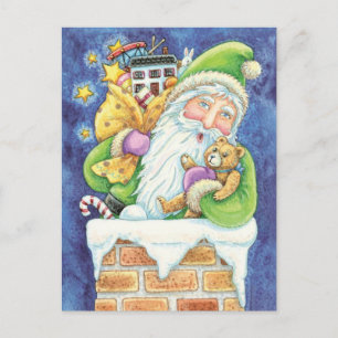 Cute Christmas, Santa Claus in Chimney with Toys Holiday Postcard