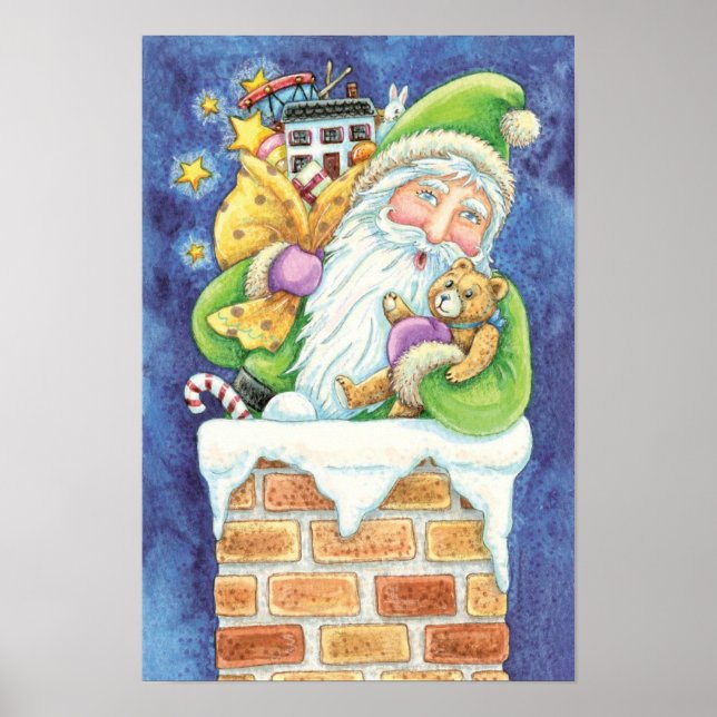 Cute Christmas, Santa Claus in Chimney with Toys Poster (Front)