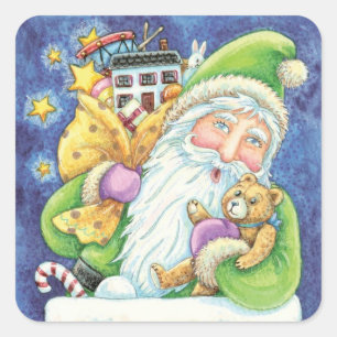 Cute Christmas, Santa Claus in Chimney with Toys Square Sticker