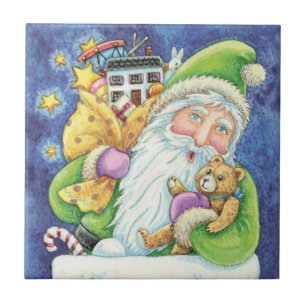 Cute Christmas, Santa Claus in Chimney with Toys Tile