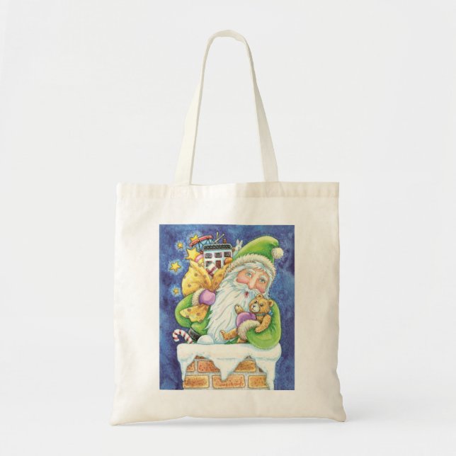 Cute Christmas, Santa Claus in Chimney with Toys Tote Bag (Front)