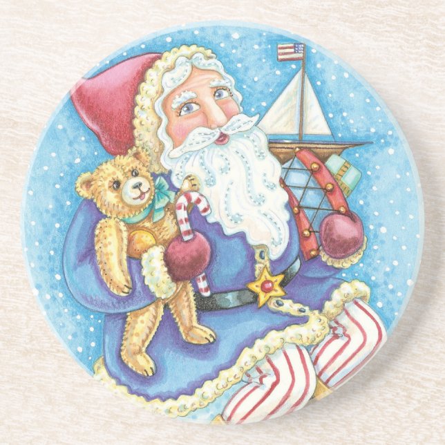 Cute Christmas, Santa Claus on Snowball with Toys Coaster (Front)