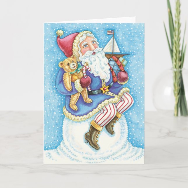 Cute Christmas, Santa Claus on Snowball with Toys Holiday Card (Front)
