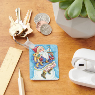 Cute Christmas, Santa Claus on Snowball with Toys Key Ring