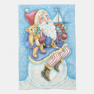 Cute Christmas, Santa Claus on Snowball with Toys Tea Towel
