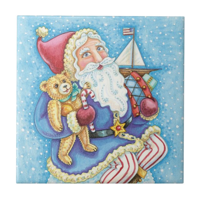 Cute Christmas, Santa Claus on Snowball with Toys Tile (Front)