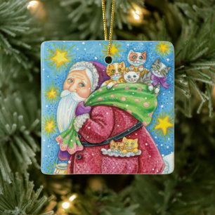Cute Christmas, Santa Claus with Kittens and Cats! Ceramic Tree Decoration