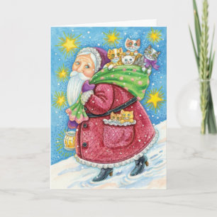 Cute Christmas, Santa Claus with Kittens and Cats! Holiday Card