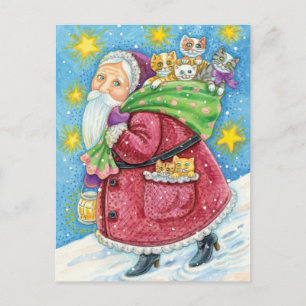 Cute Christmas, Santa Claus with Kittens and Cats! Holiday Postcard