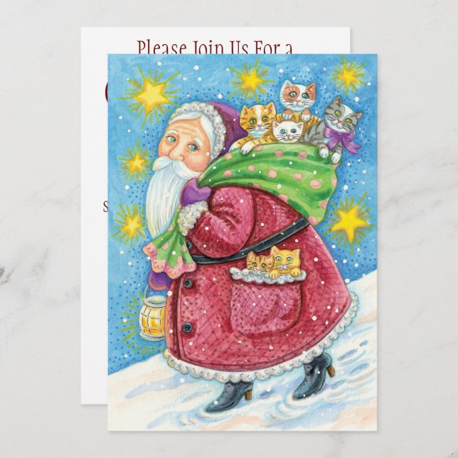 Cute Christmas, Santa Claus with Kittens and Cats! Invitation (Front/Back)