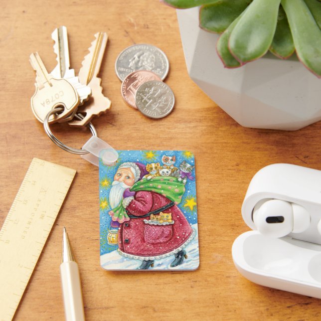 Cute Christmas, Santa Claus with Kittens and Cats! Key Ring (Desk)