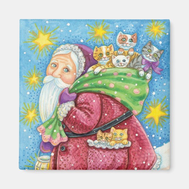 Cute Christmas, Santa Claus with Kittens and Cats! Magnet (Front)