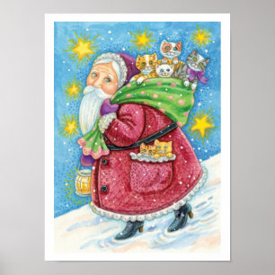 Cute Christmas, Santa Claus with Kittens and Cats! Poster