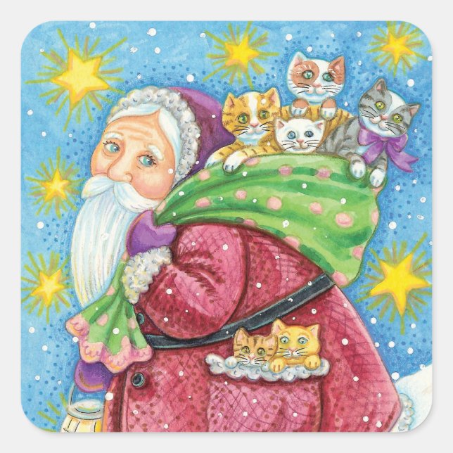 Cute Christmas, Santa Claus with Kittens and Cats! Square Sticker (Front)