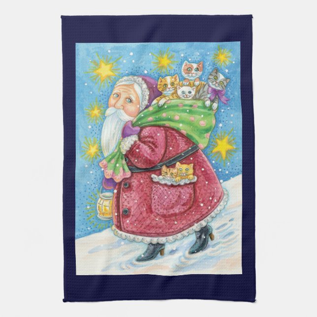 Cute Christmas, Santa Claus with Kittens and Cats! Tea Towel (Vertical)