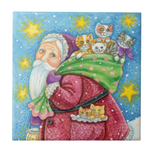 Cute Christmas, Santa Claus with Kittens and Cats! Tile