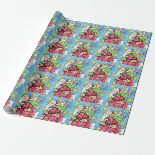 Cute Christmas, Santa Claus with Kittens and Cats! Wrapping Paper (Unrolled)