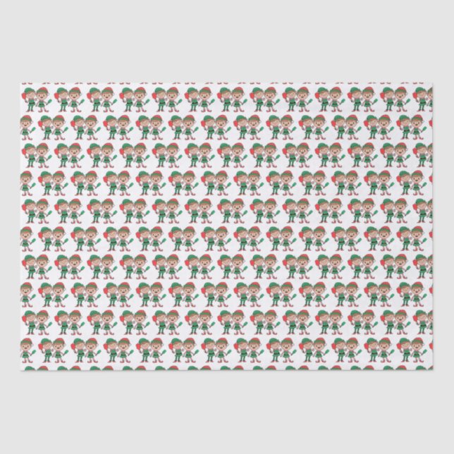 Cute Christmas Santa Elves Playing Pickleball Tissue Paper (Front)