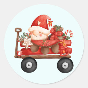Cute Christmas Santa Gnome on a Country Wagon Classic Round Sticker