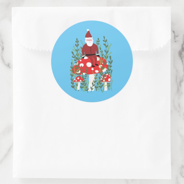 Cute Christmas Santa on Magic Mushroom Whimsical  Classic Round Sticker (Bag)