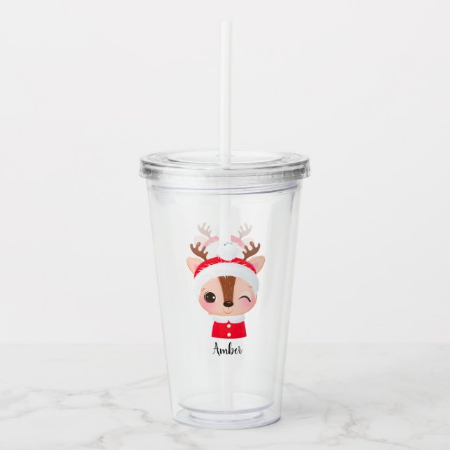 Cute Christmas Santa Reindeer Head Acrylic Tumbler (Front)