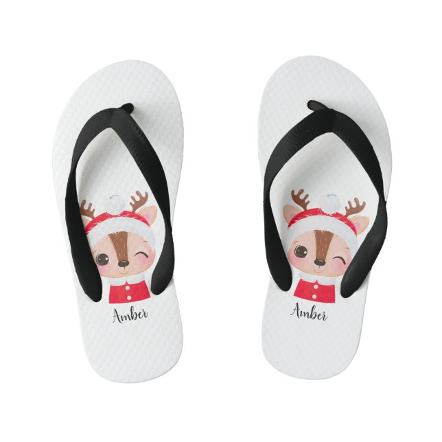 Cute Christmas Santa Reindeer Head Kid's Flip Flops (Footbed)