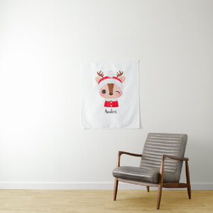 Cute Christmas Santa Reindeer Head Tapestry