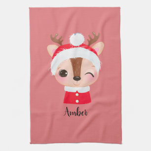 Cute Christmas Santa Reindeer Head Tea Towel