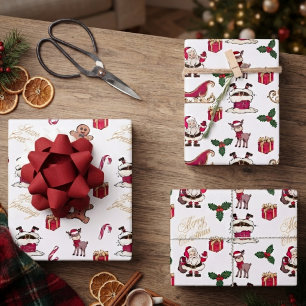 Cute Christmas Santa Reindeer Holly  Wrapping Paper Sheet
