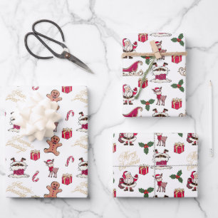 Cute Christmas Santa Reindeer Holly Wrapping Paper Sheet