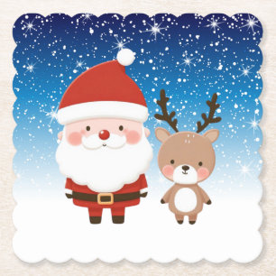Cute Christmas Santa & Reindeer Paper Coaster