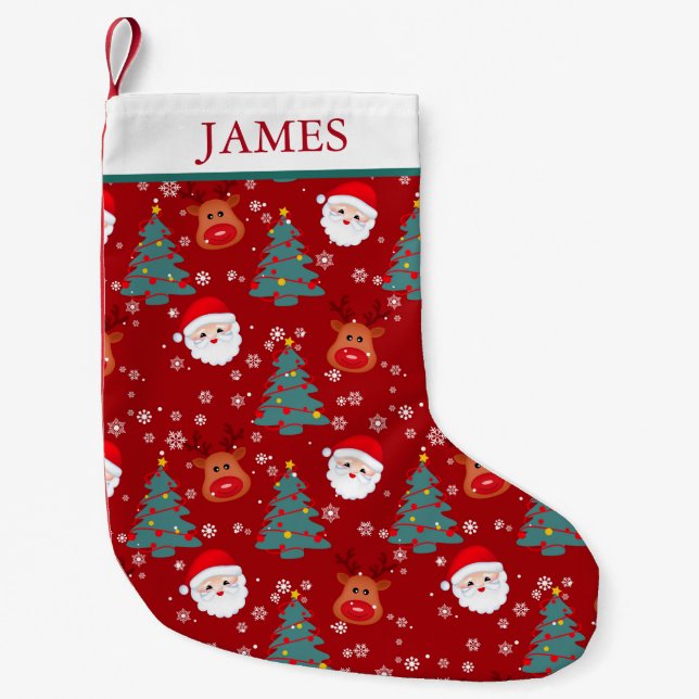 Cute Christmas Santa Reindeer Personalised Name Small Christmas Stocking (Front)