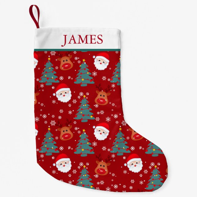 Cute Christmas Santa Reindeer Personalized Name Small Christmas Stocking (Front)