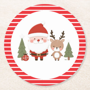 Cute Christmas Santa & Reindeer Round Paper Coaster