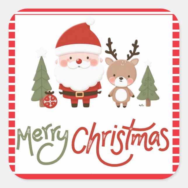 Cute Christmas Santa & Reindeer  Square Sticker (Front)
