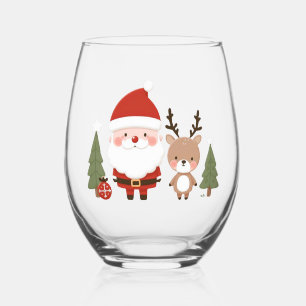 Cute Christmas Santa & Reindeer  Stemless Wine Glass