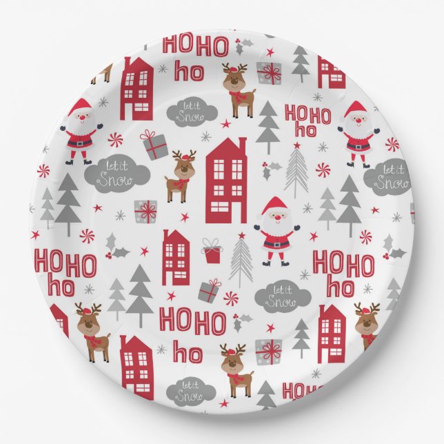 Cute Christmas Santa Reindeer Winter Holiday Paper Plate (Front)