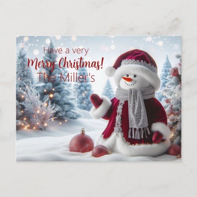 Cute Christmas Santa Snowman Personalised Postcard (Front)