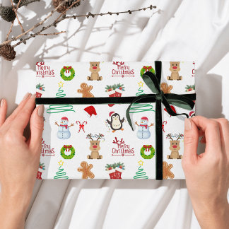 Cute Christmas Santa Snowman Reindeer Penguin Wrapping Paper