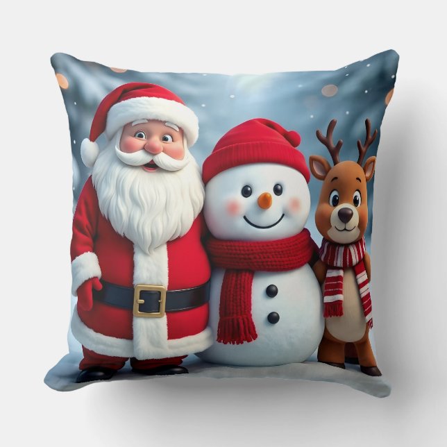 Cute Christmas Santa Snowman Reindeer Pillow (Front)
